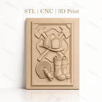Fichier CNC & impression 3D thème pompier, casque, bottes, hache, tuyau d'incendie, haute qualité relief STL