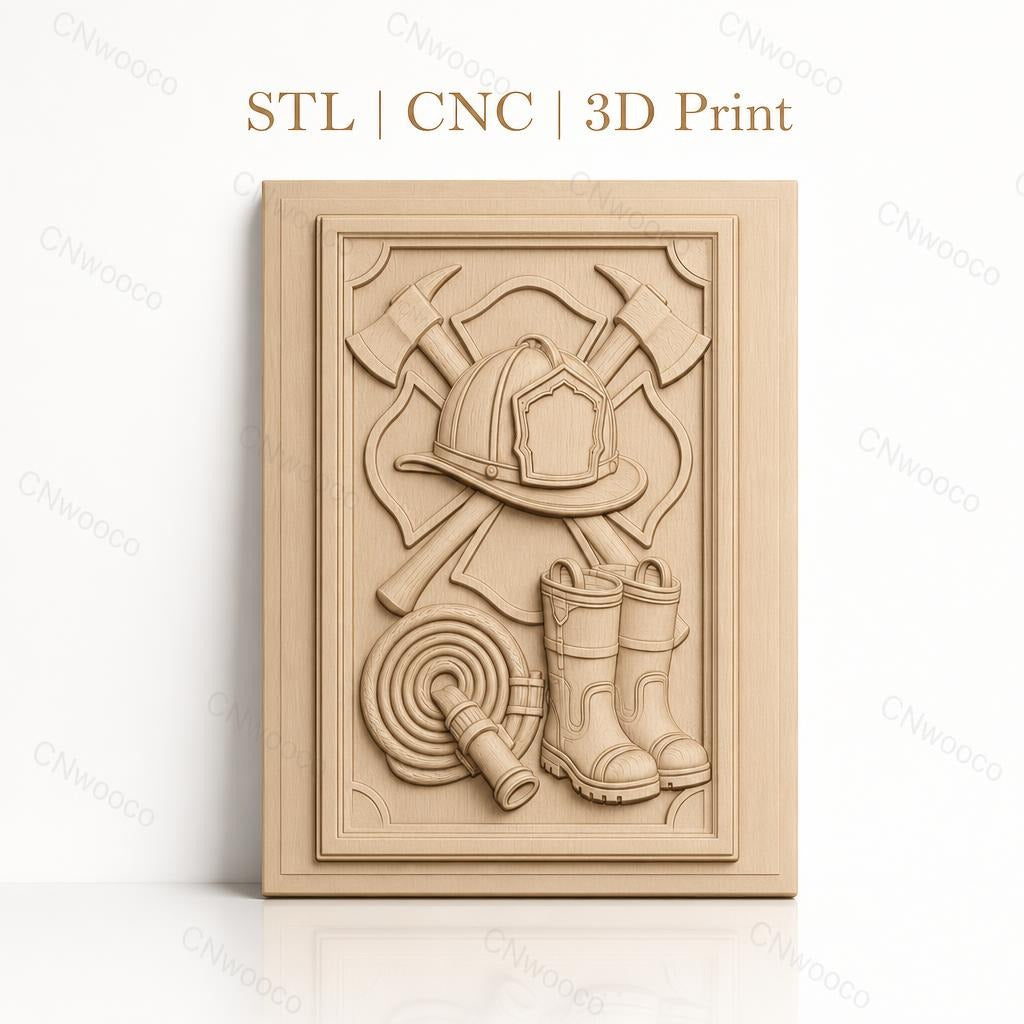 Fichier CNC & impression 3D thème pompier, casque, bottes, hache, tuyau d'incendie, haute qualité relief STL