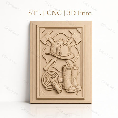 Fichier CNC & impression 3D thème pompier, casque, bottes, hache, tuyau d'incendie, haute qualité relief STL