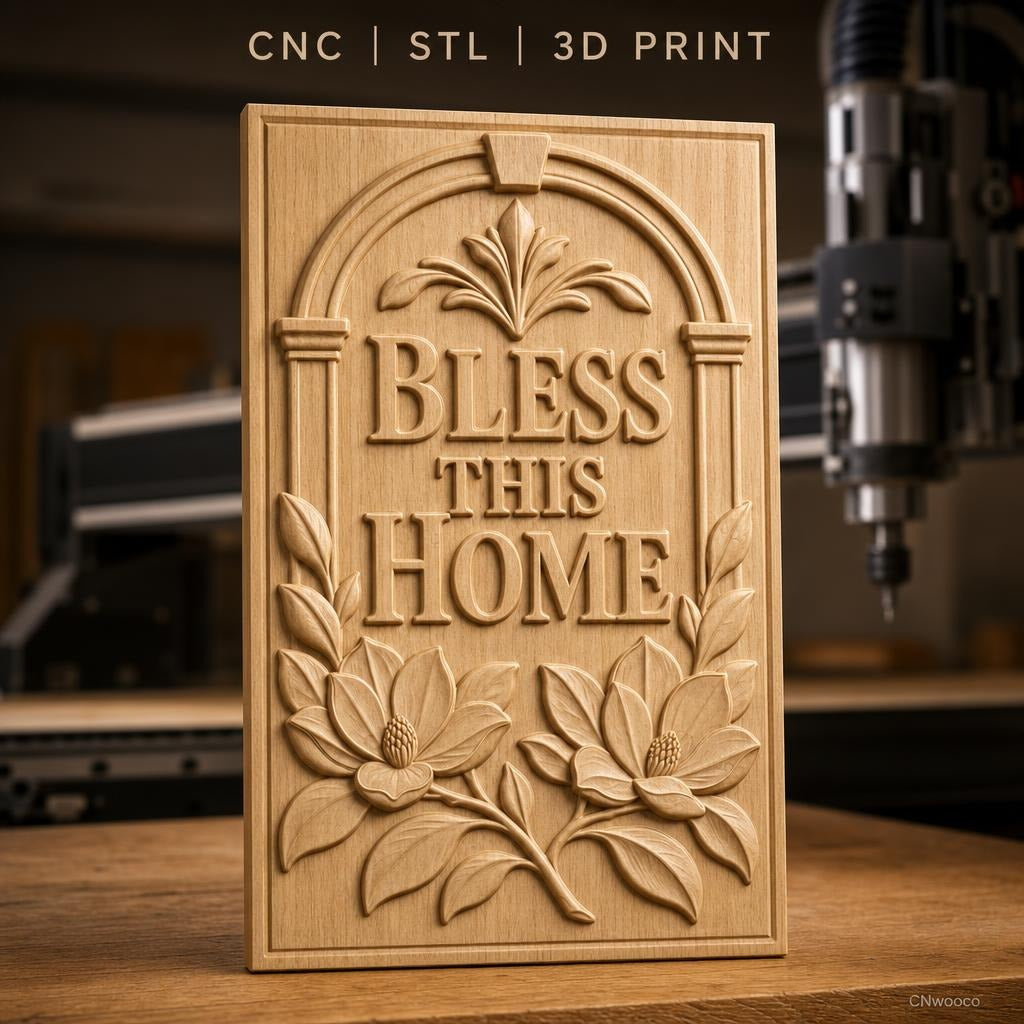 Fichier CNC & impression 3D décoration murale bénédiction maison, fleurs et feuilles, haute qualité relief STL