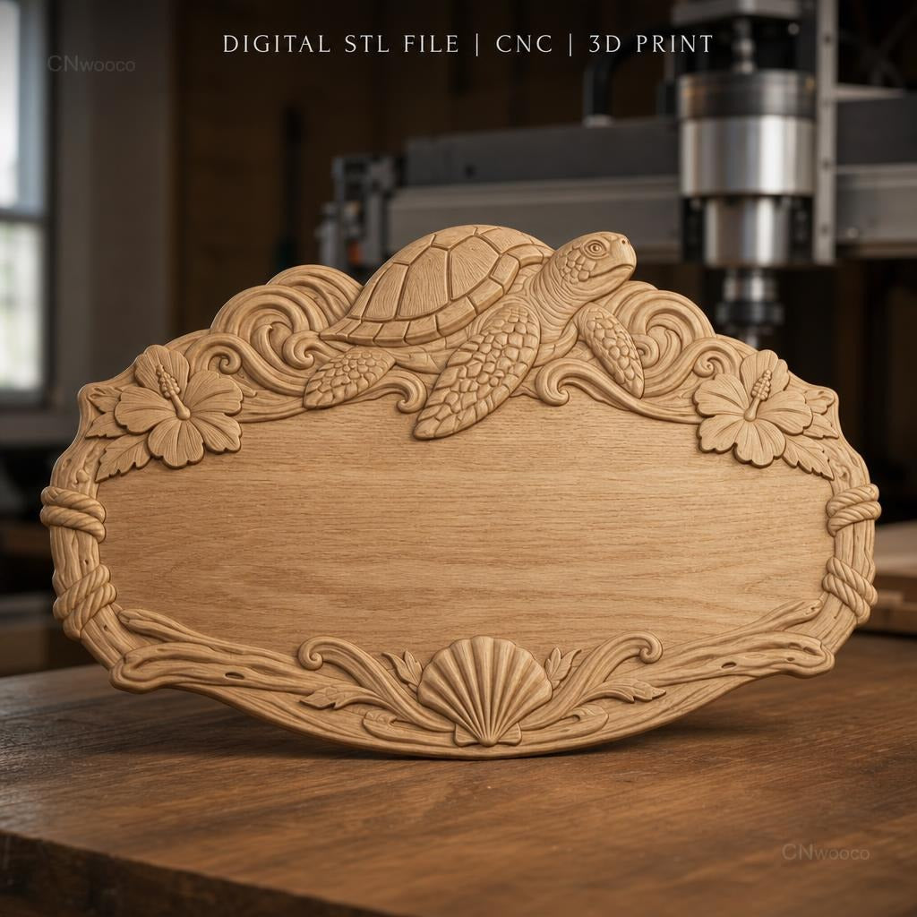 Fichier CNC & impression 3D enseigne décorative tortue marine et coquillages, STL très haute qualité