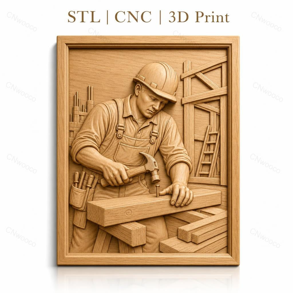Fichier CNC & impression 3D charpentier au travail, marteau et bois, haute qualité relief STL