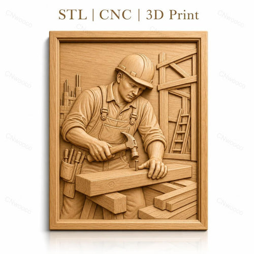Fichier CNC & impression 3D charpentier au travail, marteau et bois, haute qualité relief STL