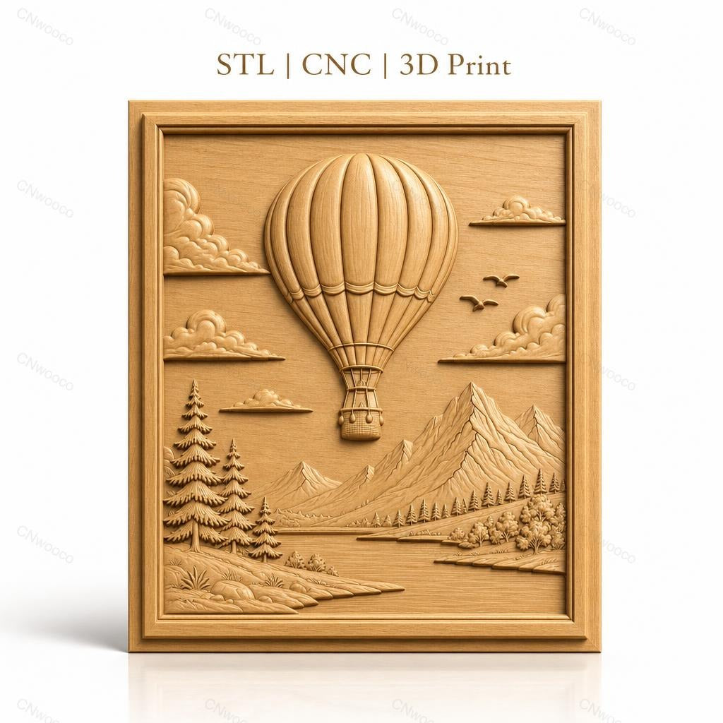 Fichier CNC & impression 3D montgolfière, montagnes, pins, rivière, haute qualité relief STL