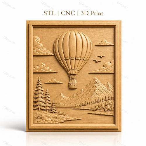 Fichier CNC & impression 3D montgolfière, montagnes, pins, rivière, haute qualité relief STL