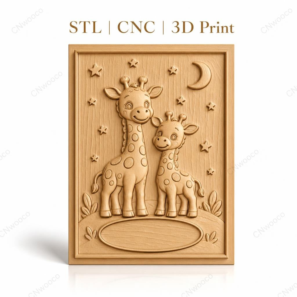 Fichier CNC & impression 3D girafes bébé et mère, étoiles et lune, haute qualité relief STL
