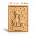 Fichier CNC & impression 3D girafes bébé et mère, étoiles et lune, haute qualité relief STL