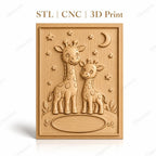 Fichier CNC & impression 3D girafes bébé et mère, étoiles et lune, haute qualité relief STL