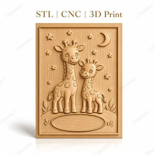 Fichier CNC & impression 3D girafes bébé et mère, étoiles et lune, haute qualité relief STL