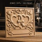 Fichier CNC & impression 3D mariage, cœurs entrelacés avec fleurs et nœud, haute qualité relief STL