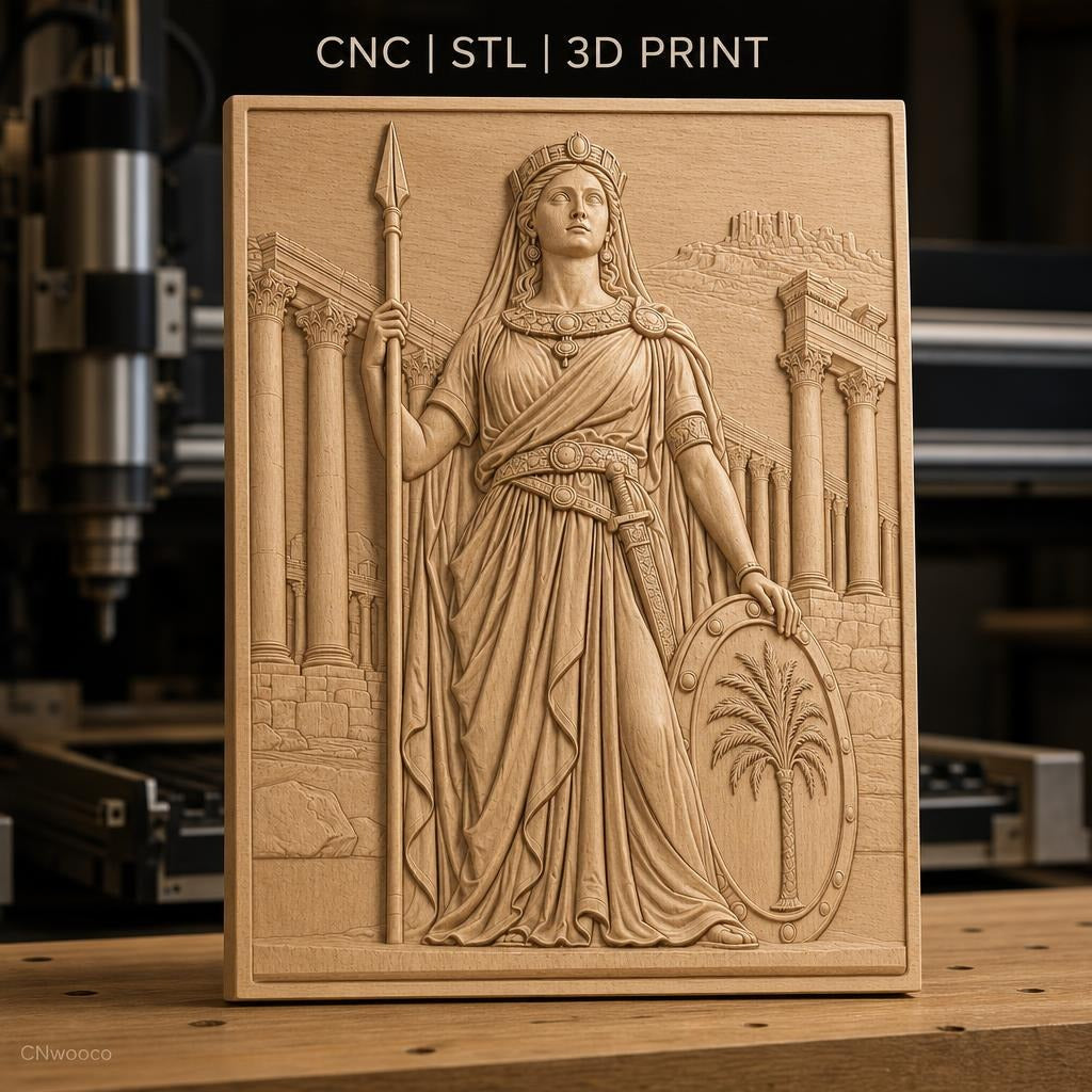 Fichier CNC & impression 3D reine antique, lance bouclier palmier colonnes grecques, haute qualité relief STL