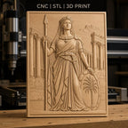 Fichier CNC & impression 3D reine antique, lance bouclier palmier colonnes grecques, haute qualité relief STL