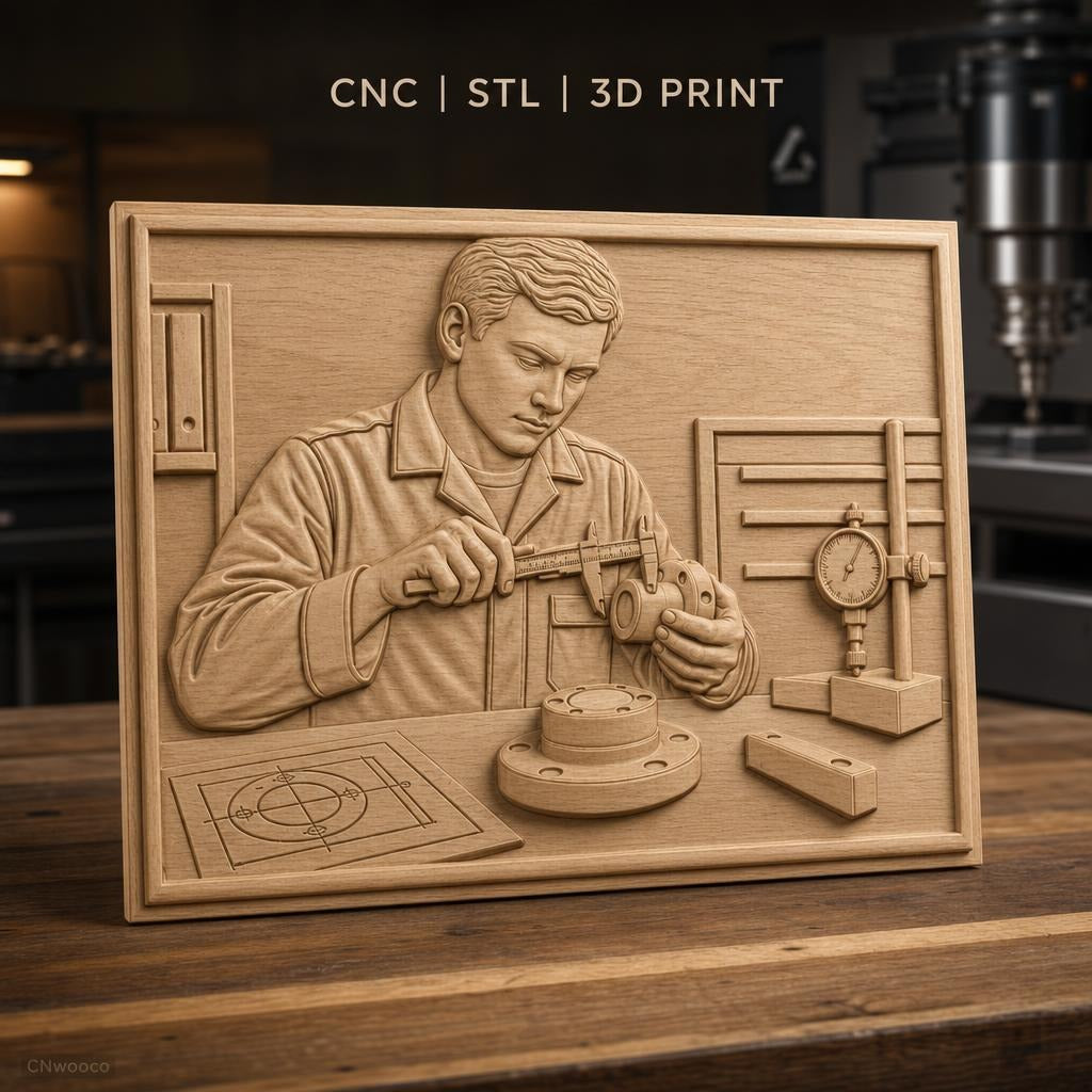 Fichier CNC & impression 3D technicien contrôle qualité, pied à coulisse, plan, outil mesure, haute qualité relief STL