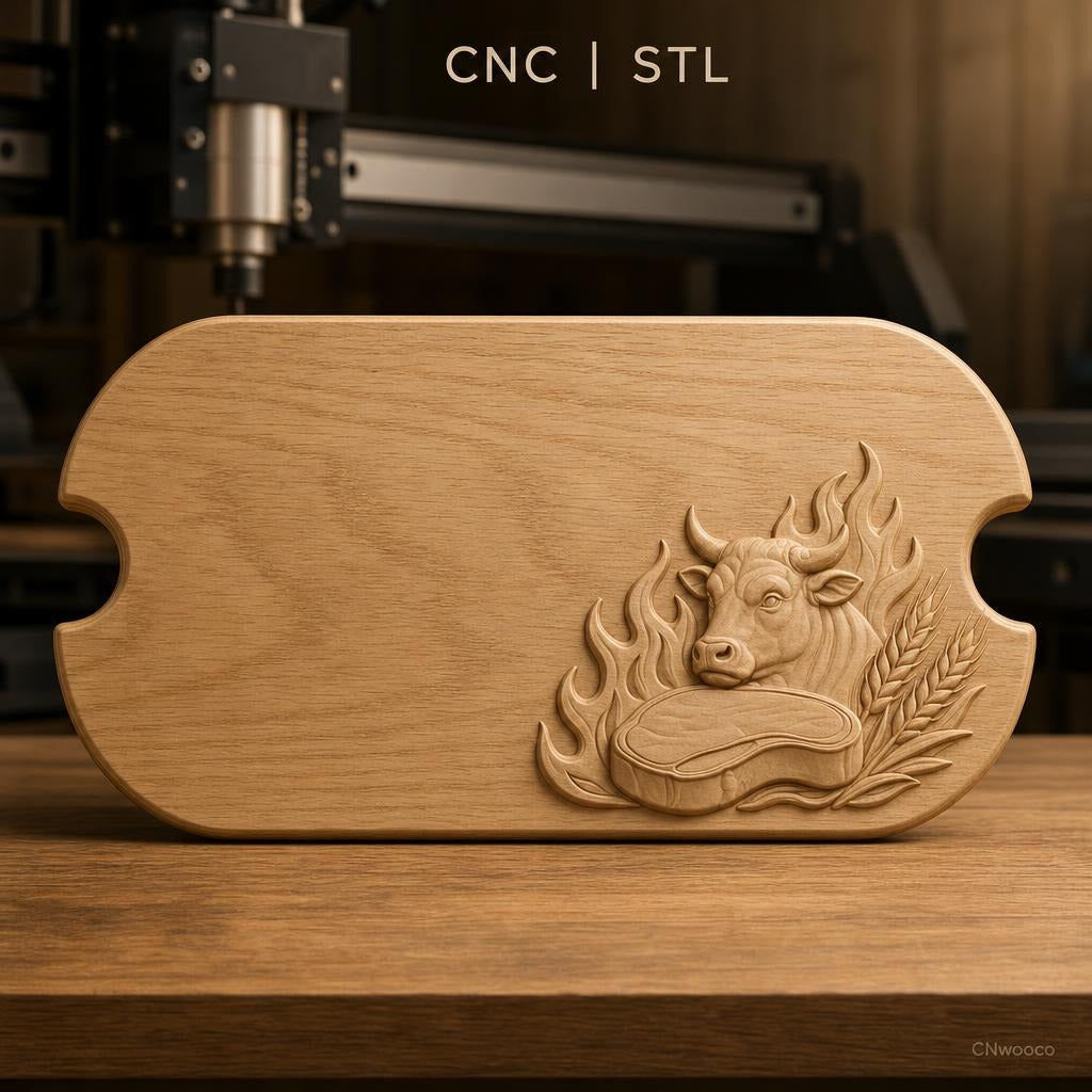 Fichier CNC thème viande boeuf steak flammes épi bas-relief pour sculpture sur bois, STL