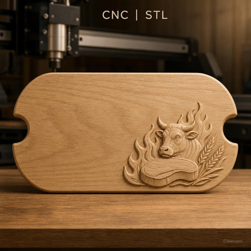 Fichier CNC thème viande boeuf steak flammes épi bas-relief pour sculpture sur bois, STL