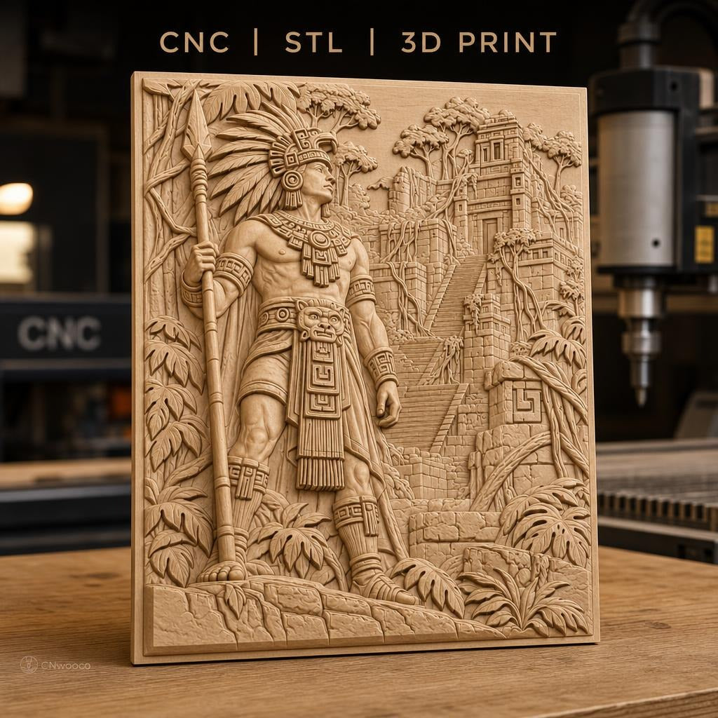 Fichier CNC & impression 3D guerrier amérindien, temple maya et végétation, haute qualité relief STL