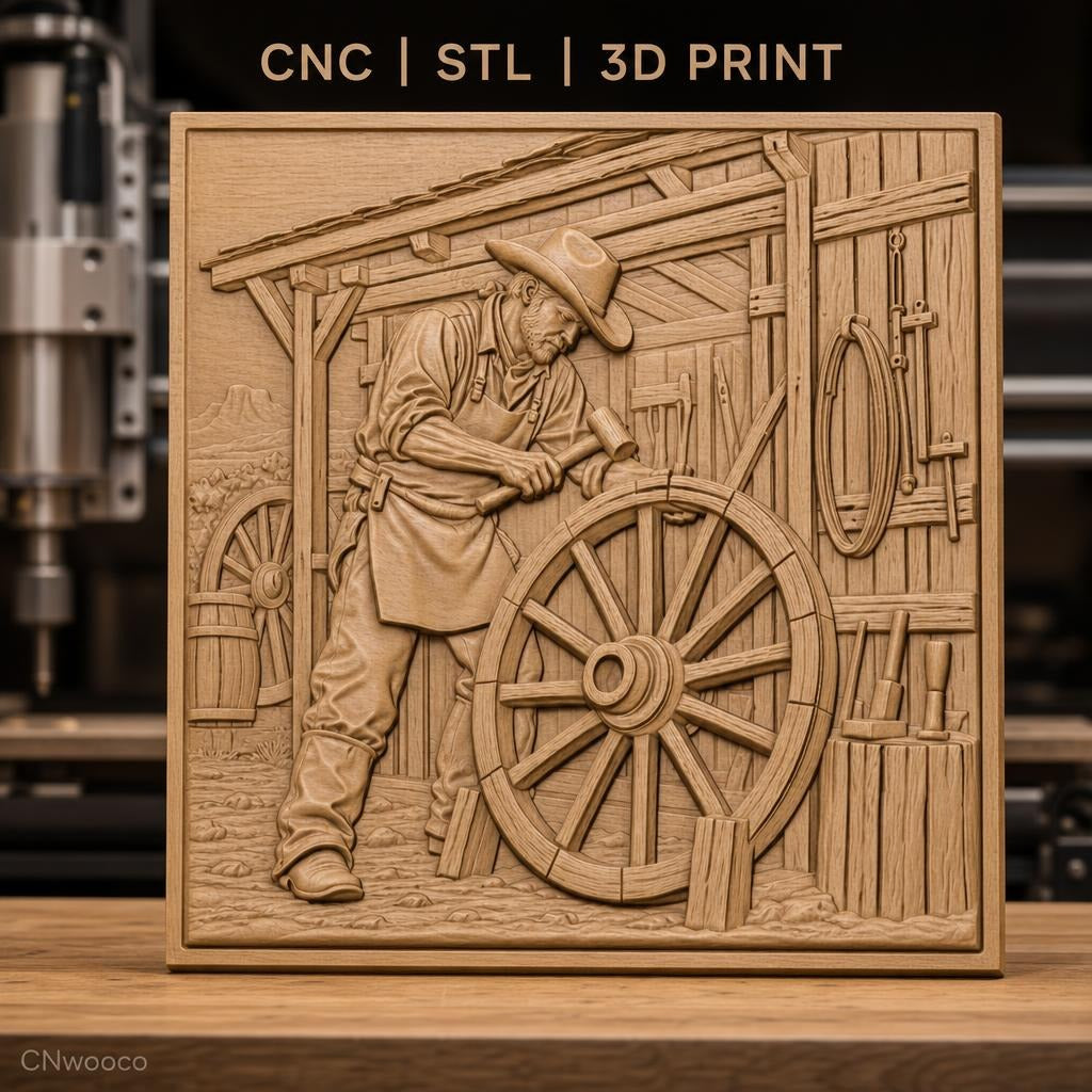 Fichier CNC & impression 3D artisan charpentier, roue de chariot et outils bois, haute qualité relief STL