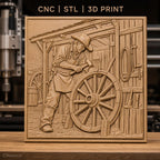 Fichier CNC & impression 3D artisan charpentier, roue de chariot et outils bois, haute qualité relief STL