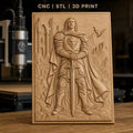 Fichier CNC & impression 3D chevalier en armure avec épée, château et dragon, haute qualité relief STL
