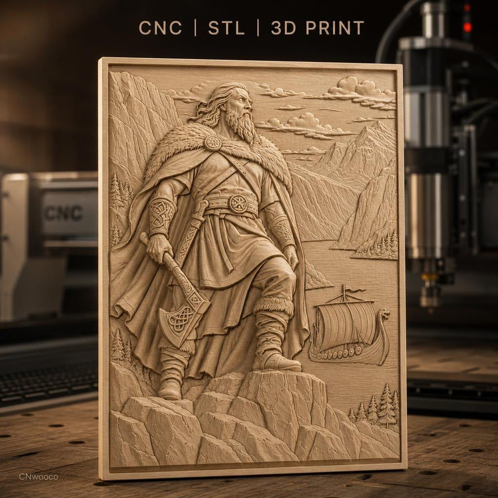 Fichier CNC & impression 3D Viking guerrier avec hache, drakkar et paysage montagneux, haute qualité relief STL