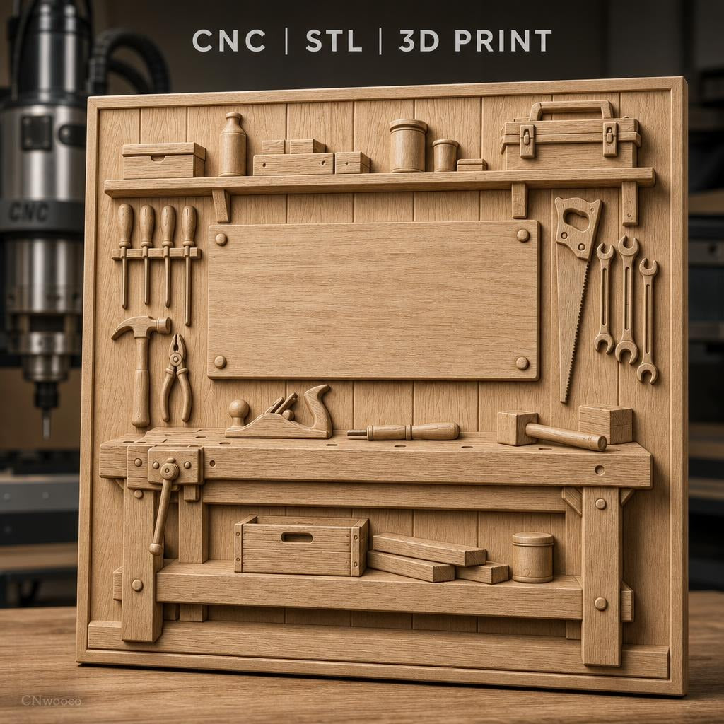 Fichier CNC & impression 3D atelier de menuiserie, établis avec outils de travail en bois, haute qualité relief STL