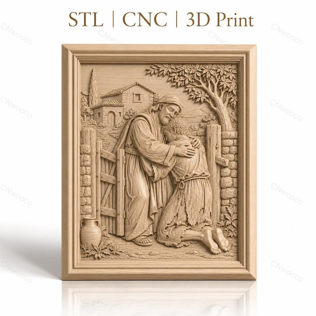 Fichier CNC & impression 3D scène biblique le fils prodigue embrassé, maison et arbre arrière-plan, haute qualité relief STL