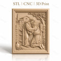 Fichier CNC & impression 3D scène biblique le fils prodigue embrassé, maison et arbre arrière-plan, haute qualité relief STL