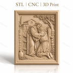 Fichier CNC & impression 3D scène biblique le fils prodigue embrassé, maison et arbre arrière-plan, haute qualité relief STL