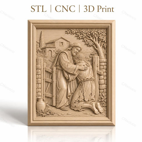 Fichier CNC & impression 3D scène biblique le fils prodigue embrassé, maison et arbre arrière-plan, haute qualité relief STL