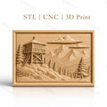 Fichier CNC & impression 3D paysage montagne avec tour de guet et forêt, haute qualité relief STL