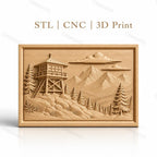 Fichier CNC & impression 3D paysage montagne avec tour de guet et forêt, haute qualité relief STL