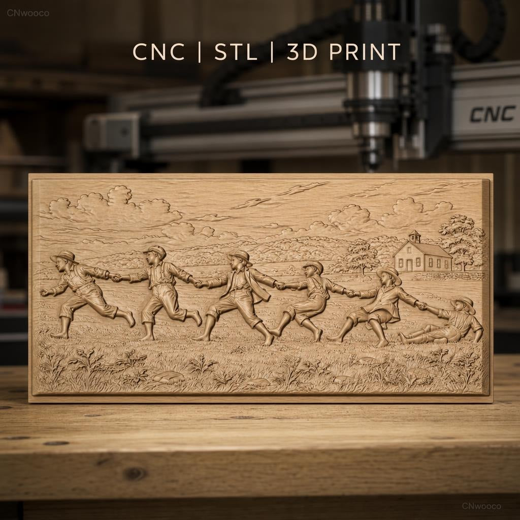 Fichier CNC & impression 3D enfants jouant à la corde, paysage rural avec maison, haute qualité relief STL