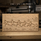 Fichier CNC & impression 3D enfants jouant à la corde, paysage rural avec maison, haute qualité relief STL
