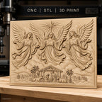 Fichier CNC & impression 3D scène de la Nativité avec anges, crèche, animaux et étoile, haute qualité relief STL