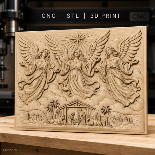 Fichier CNC & impression 3D scène de la Nativité avec anges, crèche, animaux et étoile, haute qualité relief STL