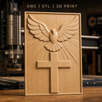 Fichier CNC & impression 3D croix chrétienne avec colombe et rayons de lumière, haute qualité relief STL