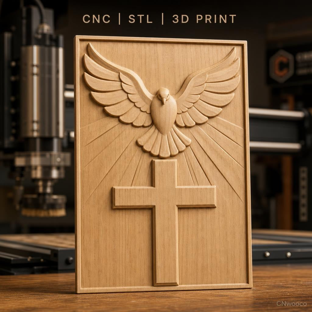 Fichier CNC & impression 3D croix chrétienne avec colombe et rayons de lumière, haute qualité relief STL