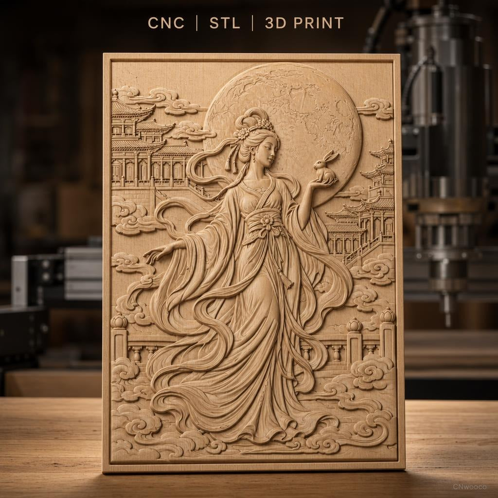 Fichier CNC & impression 3D déesse chinoise, lune et lapin, temples et nuages, haute qualité relief STL