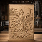 Fichier CNC & impression 3D déesse chinoise, lune et lapin, temples et nuages, haute qualité relief STL