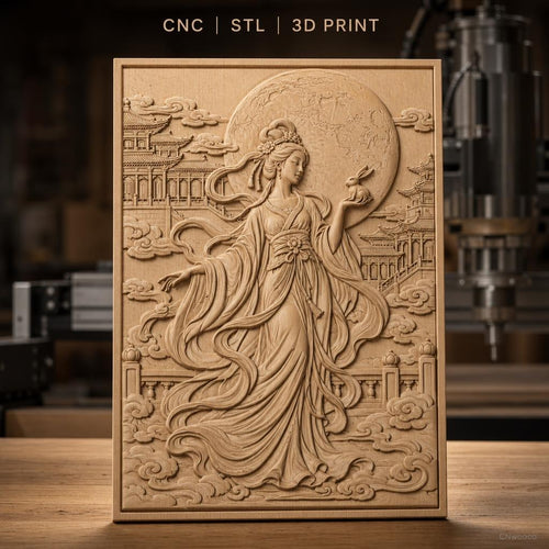 Fichier CNC & impression 3D déesse chinoise, lune et lapin, temples et nuages, haute qualité relief STL