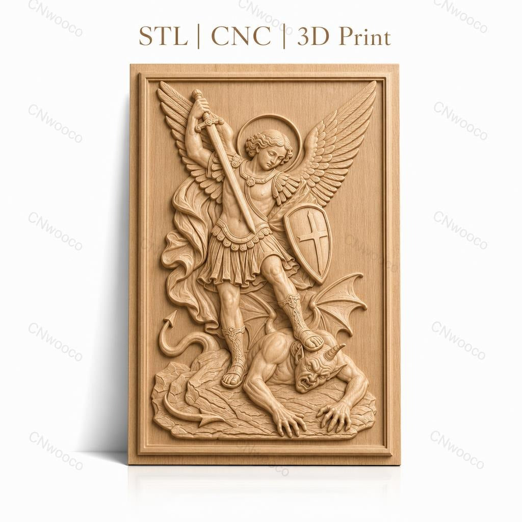 Fichier CNC & impression 3D Archange Michel combattant le démon, épée et bouclier, haute qualité relief STL