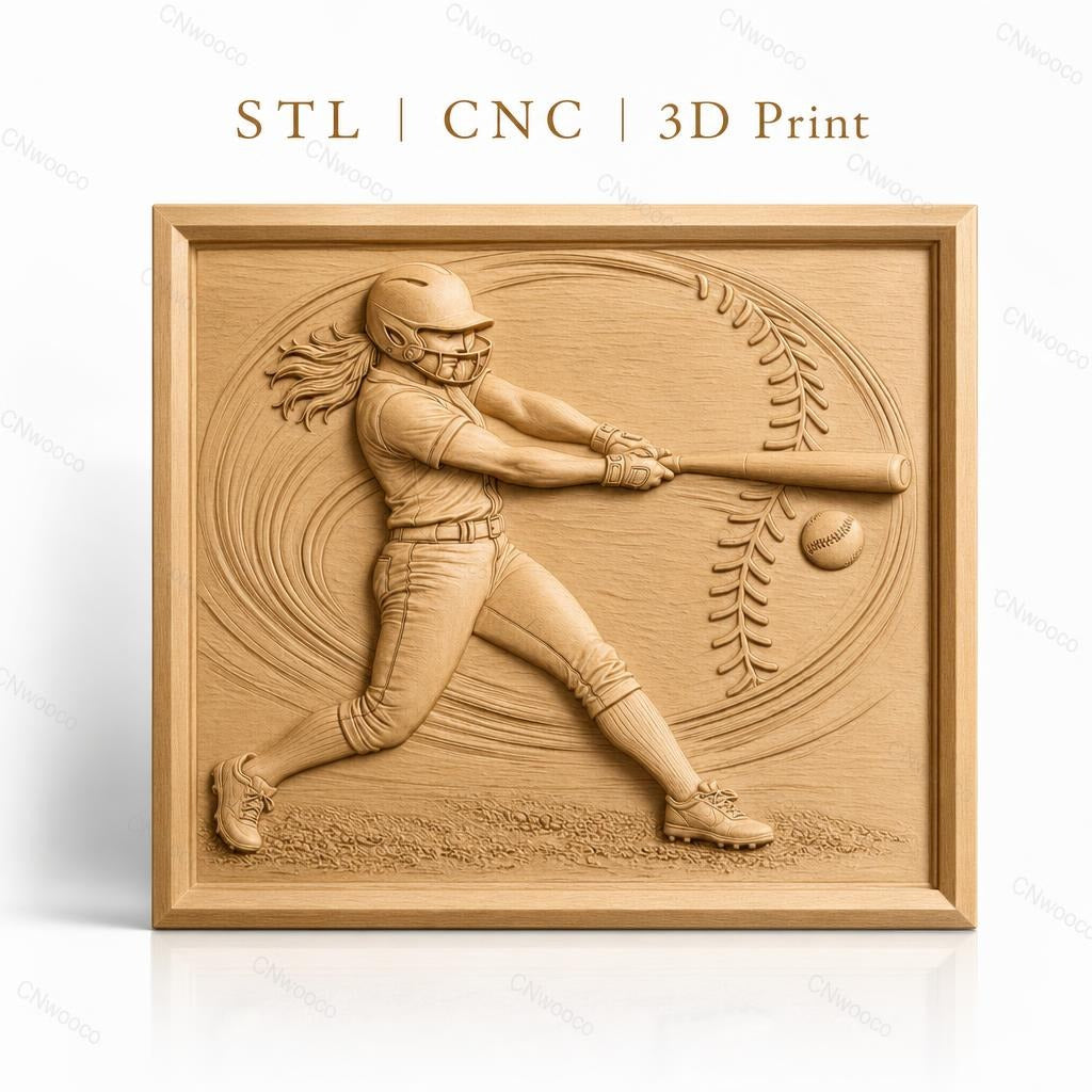 Fichier CNC & impression 3D softball féminin, joueuse frappant balle, haute qualité relief STL