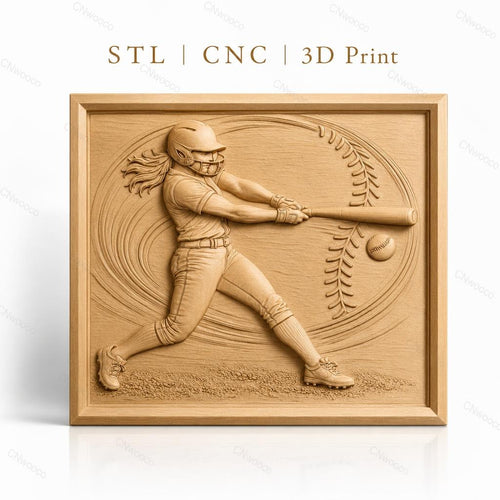 Fichier CNC & impression 3D softball féminin, joueuse frappant balle, haute qualité relief STL
