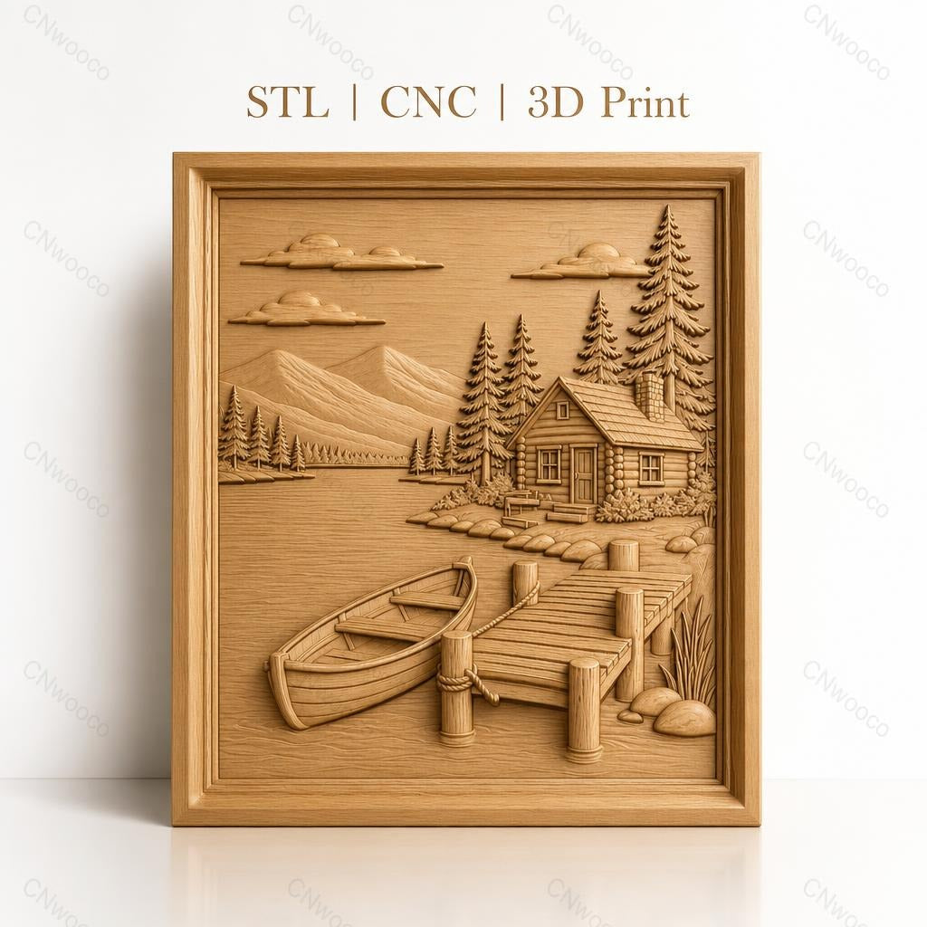 Fichier CNC & impression 3D paysage nature, cabane en bois, lac, barque, ponton, haute qualité relief STL