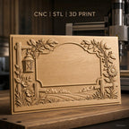 Fichier CNC & impression 3D cadre campagnard avec fleurs, lanterne et paysage, haute qualité relief STL