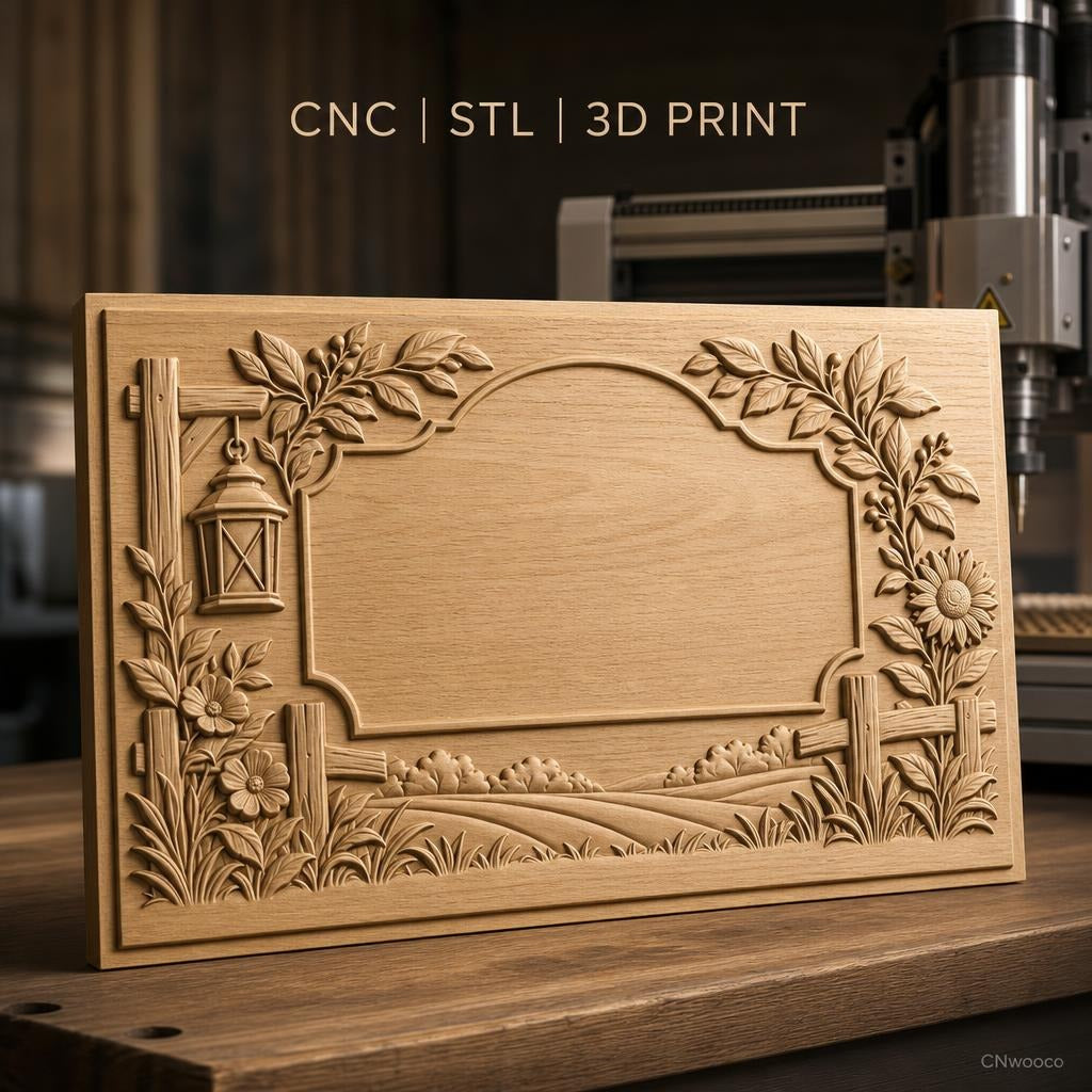 Fichier CNC & impression 3D cadre campagnard avec fleurs, lanterne et paysage, haute qualité relief STL