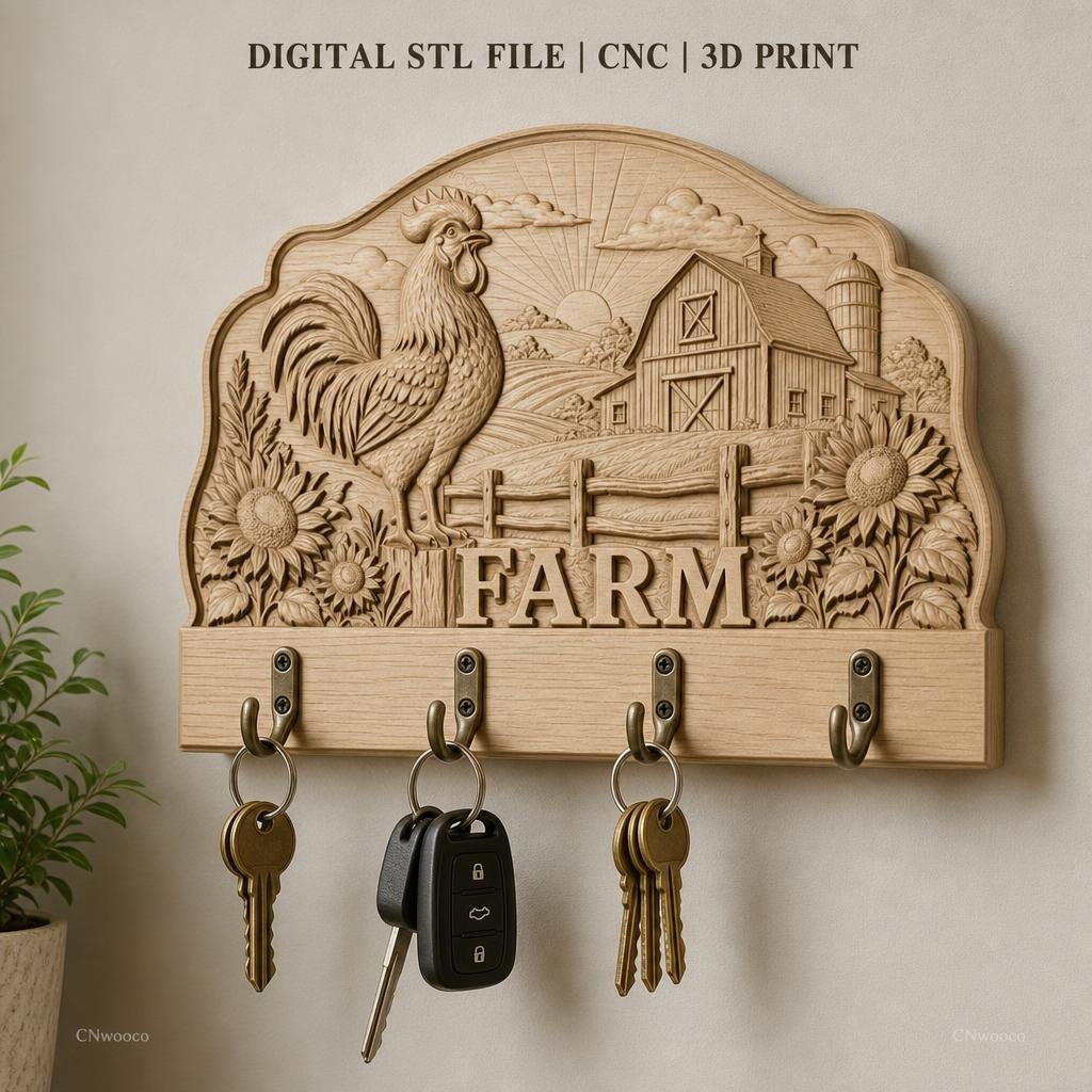 Fichier CNC porte-clés mural enseigne de ferme décorative avec coq et fleurs, STL très haute qualité