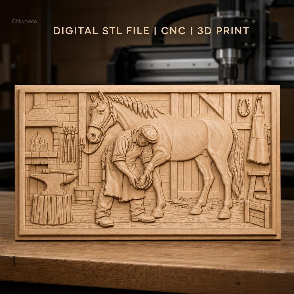 Fichier CNC & impression 3D maréchal-ferrant, cheval, atelier, étrier, enclume, haute qualité relief STL