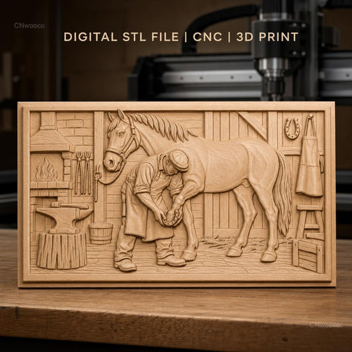 Fichier CNC & impression 3D maréchal-ferrant, cheval, atelier, étrier, enclume, haute qualité relief STL