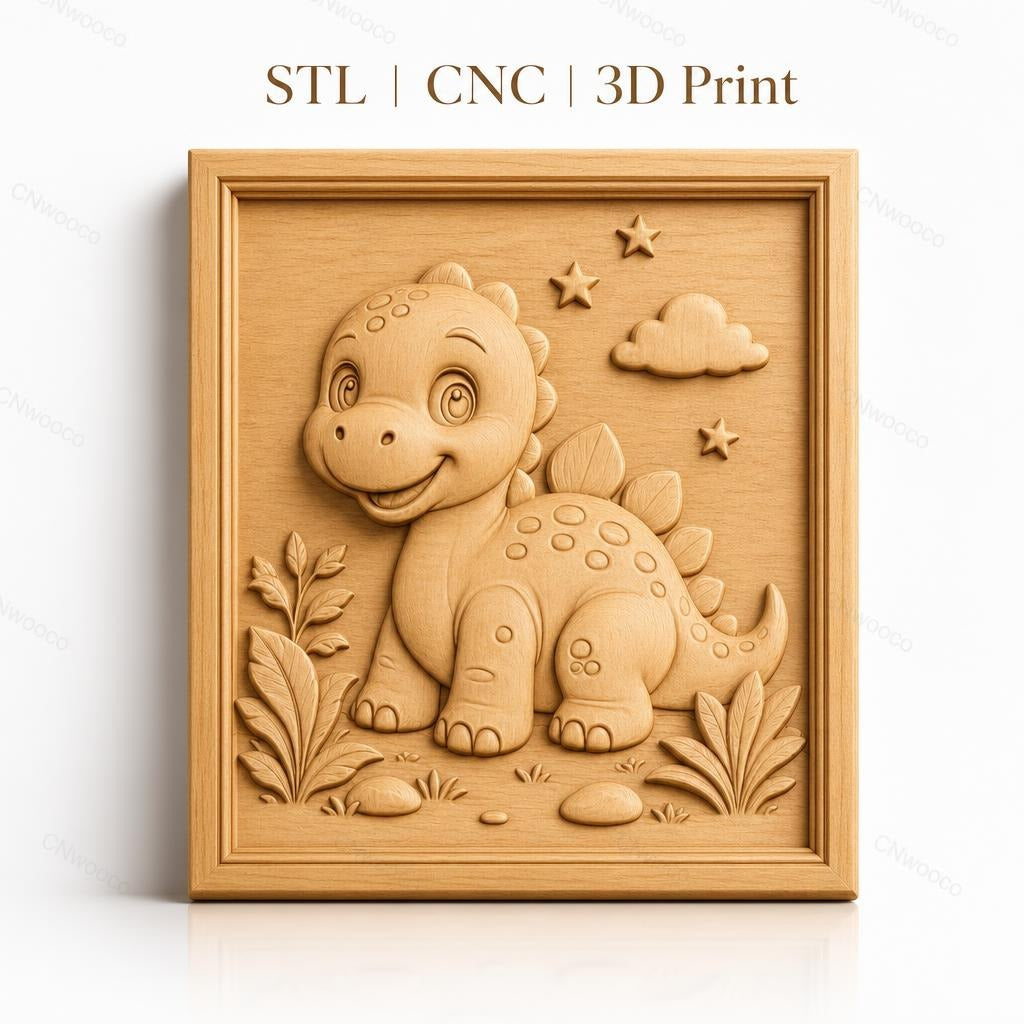 Fichier CNC & impression 3D dinosaure mignon, étoiles, nuage et plantes, haute qualité relief STL